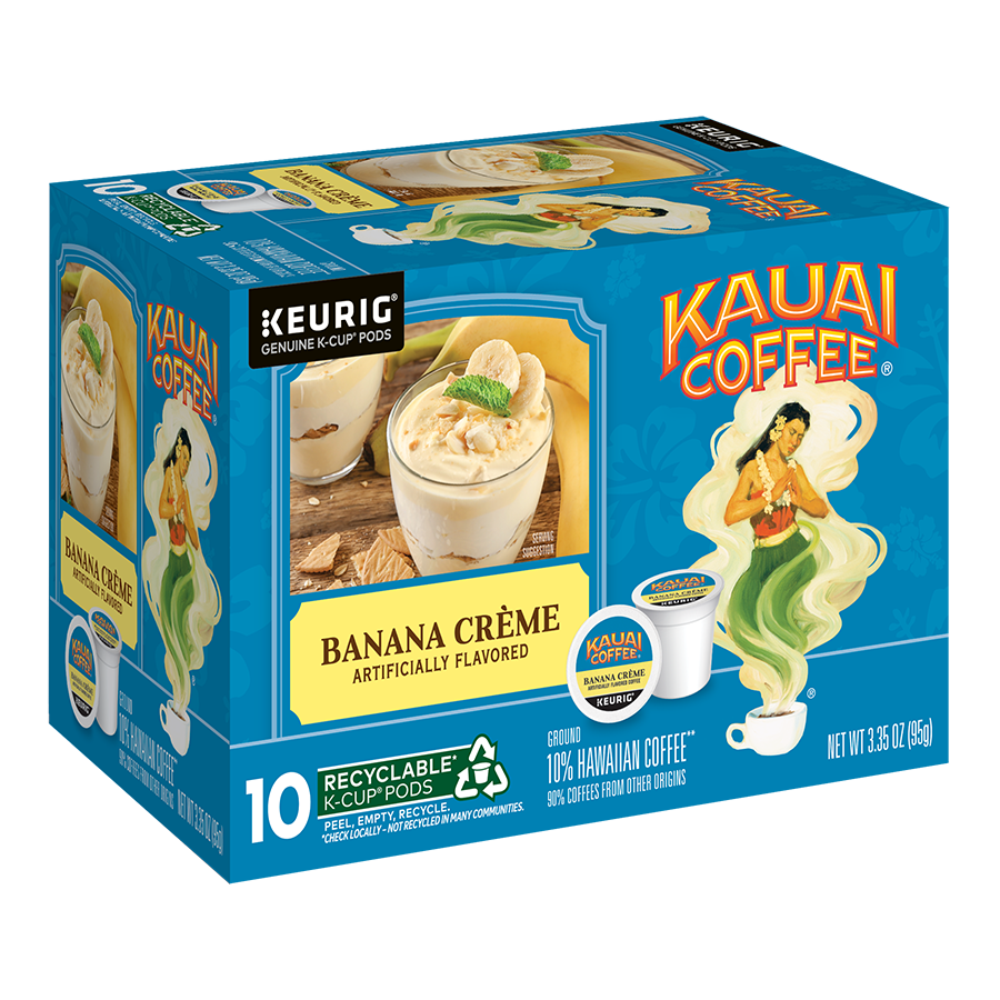 The Kauai Coffee Banana Crème K-Cup® Pods box boasts Hawaiian-themed blue artwork highlighting the banana crème flavor. It has 10 recyclable pods with 10% premium Arabica Hawaiian coffee, artificially flavored for a tropical touch.