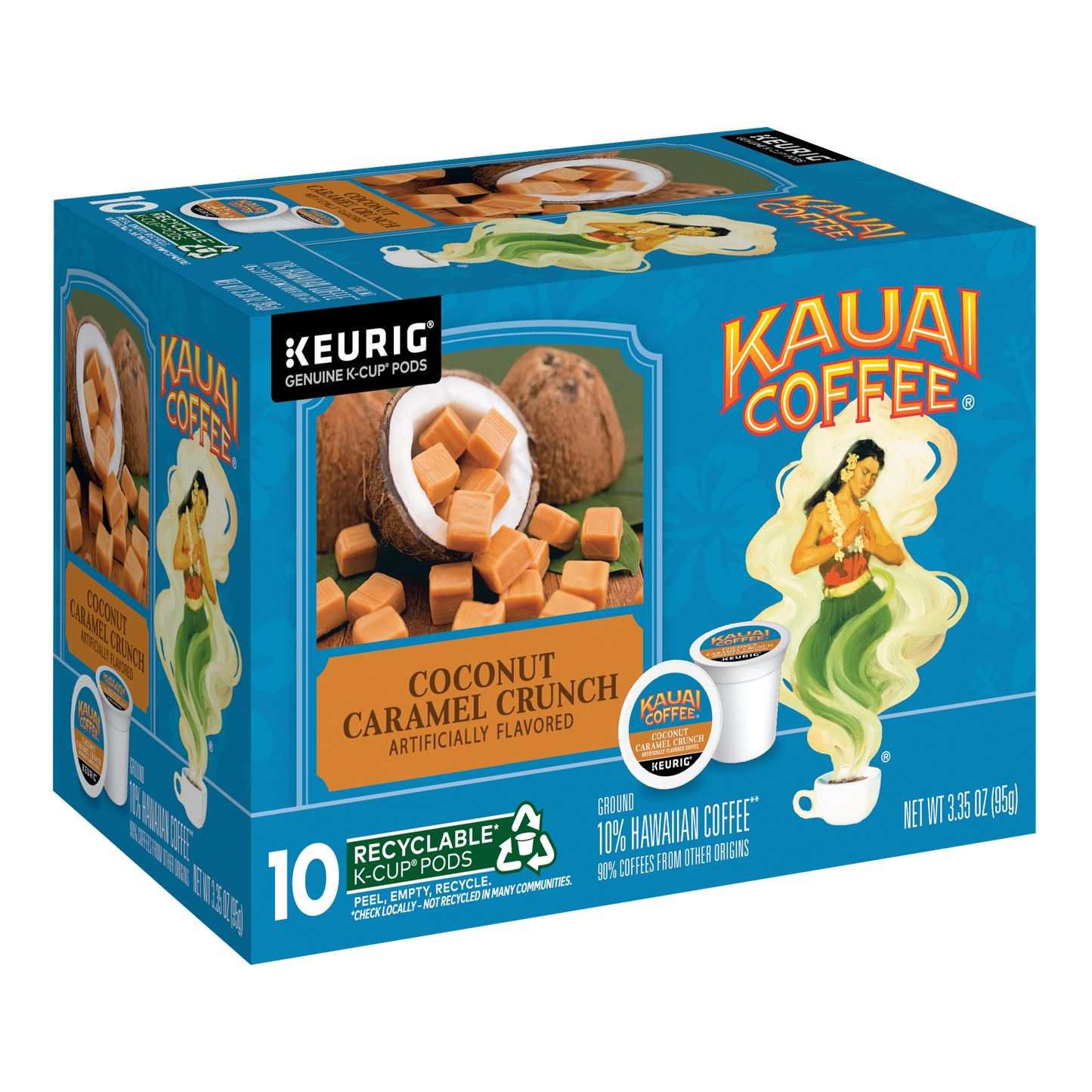 Kauai Coffees Coconut Caramel Crunch K-Cup® Pods are packaged in a blue box with orange text. The design includes a woman in traditional Hawaiian attire, coffee beans, brewed K-Cups, and caramel cubes, offering the taste of premium Arabica coffee from Hawaii.