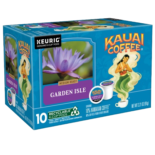 The Kauai Coffee Garden Isle Medium Roast K-Cup® Pods box features vibrant purple flowers and a hula dancer. Each pod contains premium Arabica, with 10% Hawaiian coffee, offering 10 recyclable pods for an authentic experience.
