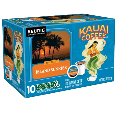 Kauai Coffees Island Sunrise Mild Roast K-Cup® Pods feature a Hawaiian theme with a hula girl and sunset. This box contains 10 recyclable K-Cup pods made with 10% premium Arabica coffee sourced from Hawaii.