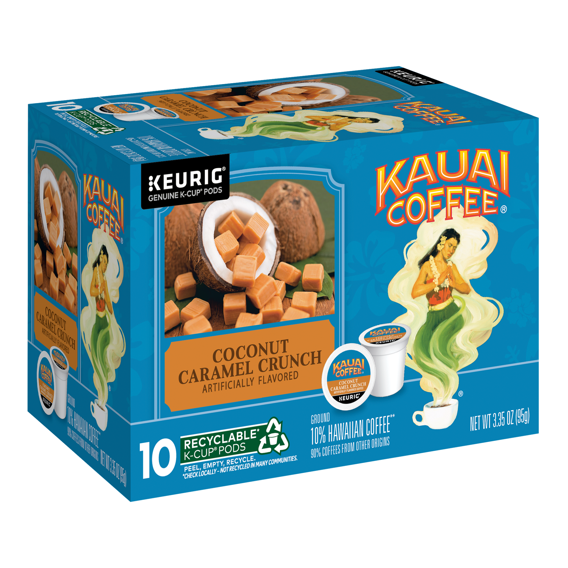 Kauai Coffees Coconut Caramel Crunch K-Cup® Pods are packaged in a blue box with orange text. The design includes a woman in traditional Hawaiian attire, coffee beans, brewed K-Cups, and caramel cubes, offering the taste of premium Arabica coffee from Hawaii.