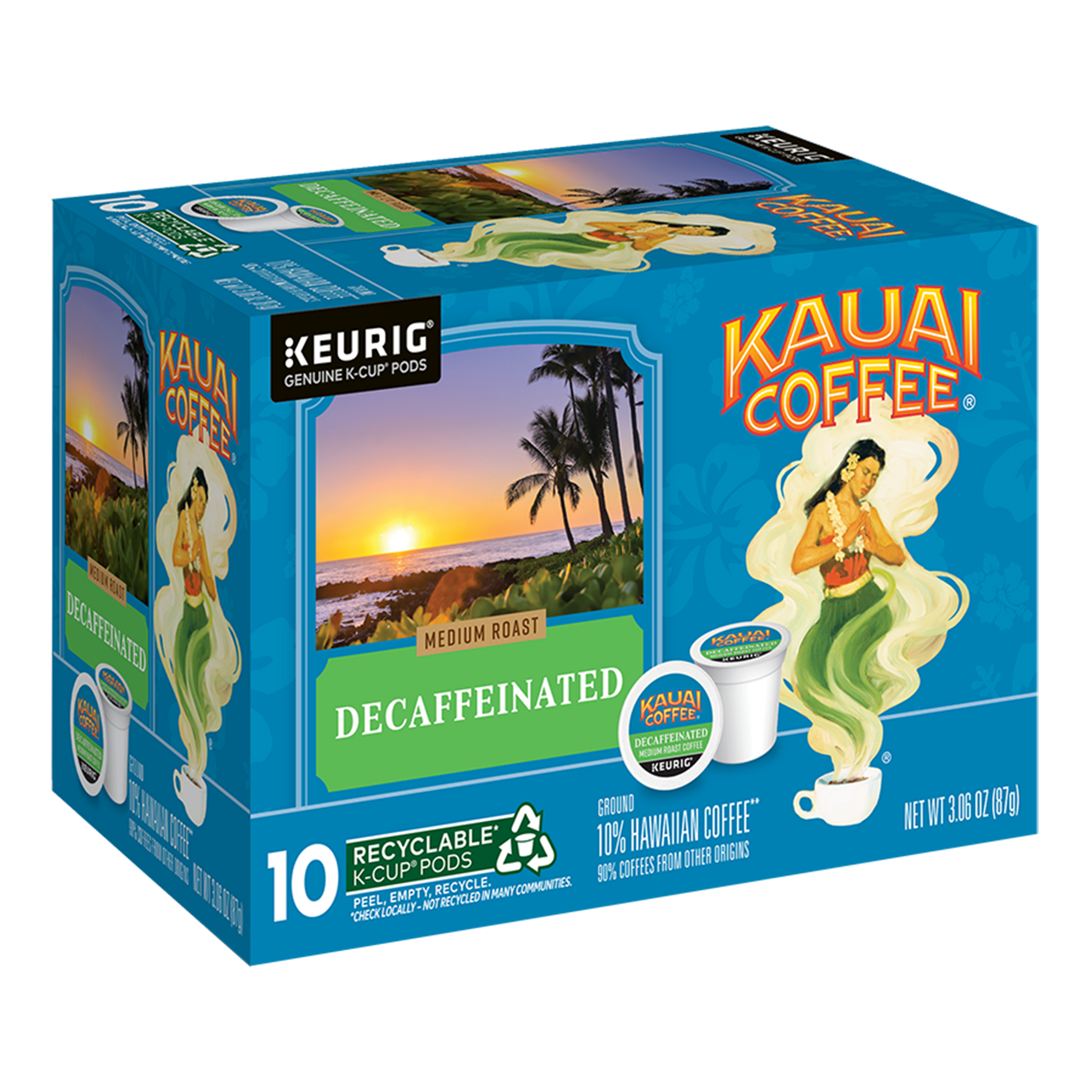 The Kauai Coffee Decaf Medium Roast K-Cup® Pods box, adorned with a tropical design and a hula dancer, contains 10 recyclable pods. Crafted from premium Arabica beans, these pods offer an authentic Hawaiian island experience with scenic landscapes depicted.