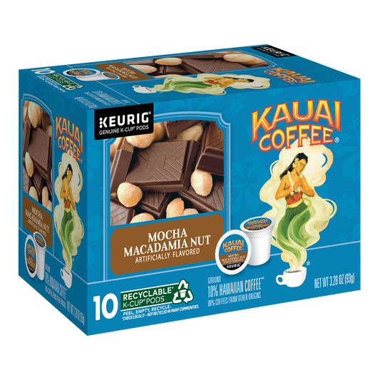 Kauai Coffees Mocha Macadamia Nut Flavor K-Cup® Pods come in a box adorned with images of chocolate pieces, macadamia nuts, and a woman with flowing green hair. They feature recyclable pods and contain 10% premium Arabica coffee.