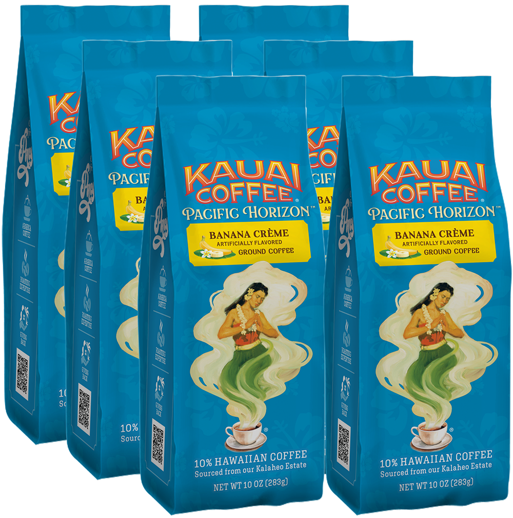 Six blue bags of Kauai Coffees Banana Crème Flavor Ground Coffee, each featuring a hula dancer image, showcase the Pacific Horizon Banana Crème flavored premium Arabica coffee. These 10 oz (283g) packages contain deliciously artificial-flavored Hawaiian harvested ground coffee.