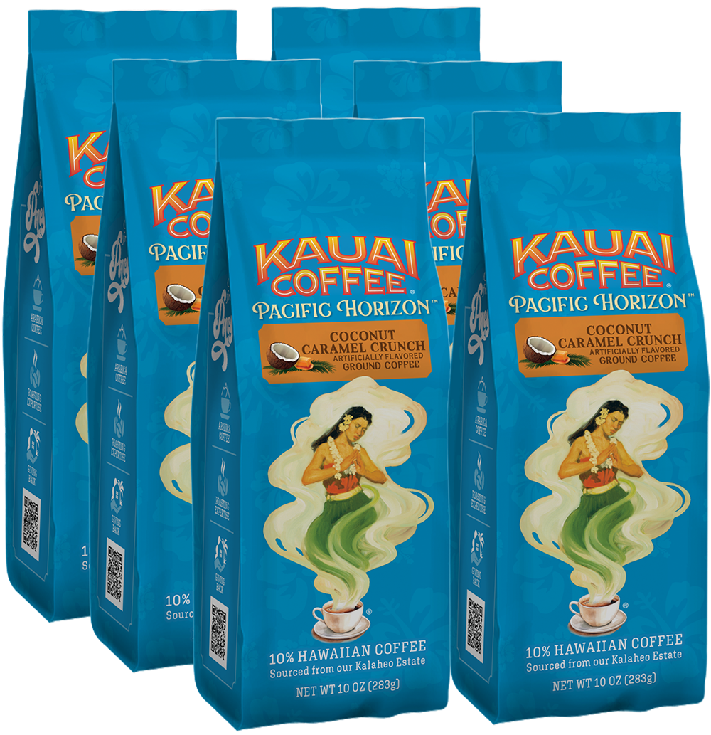 Six blue bags of Kauai Coffees Coconut Caramel Crunch Flavor Ground Coffee feature premium Arabica beans. Illustrated with a hula dancer and a steaming cup, each 10 oz bag contains Hawaiian-harvested coffee.