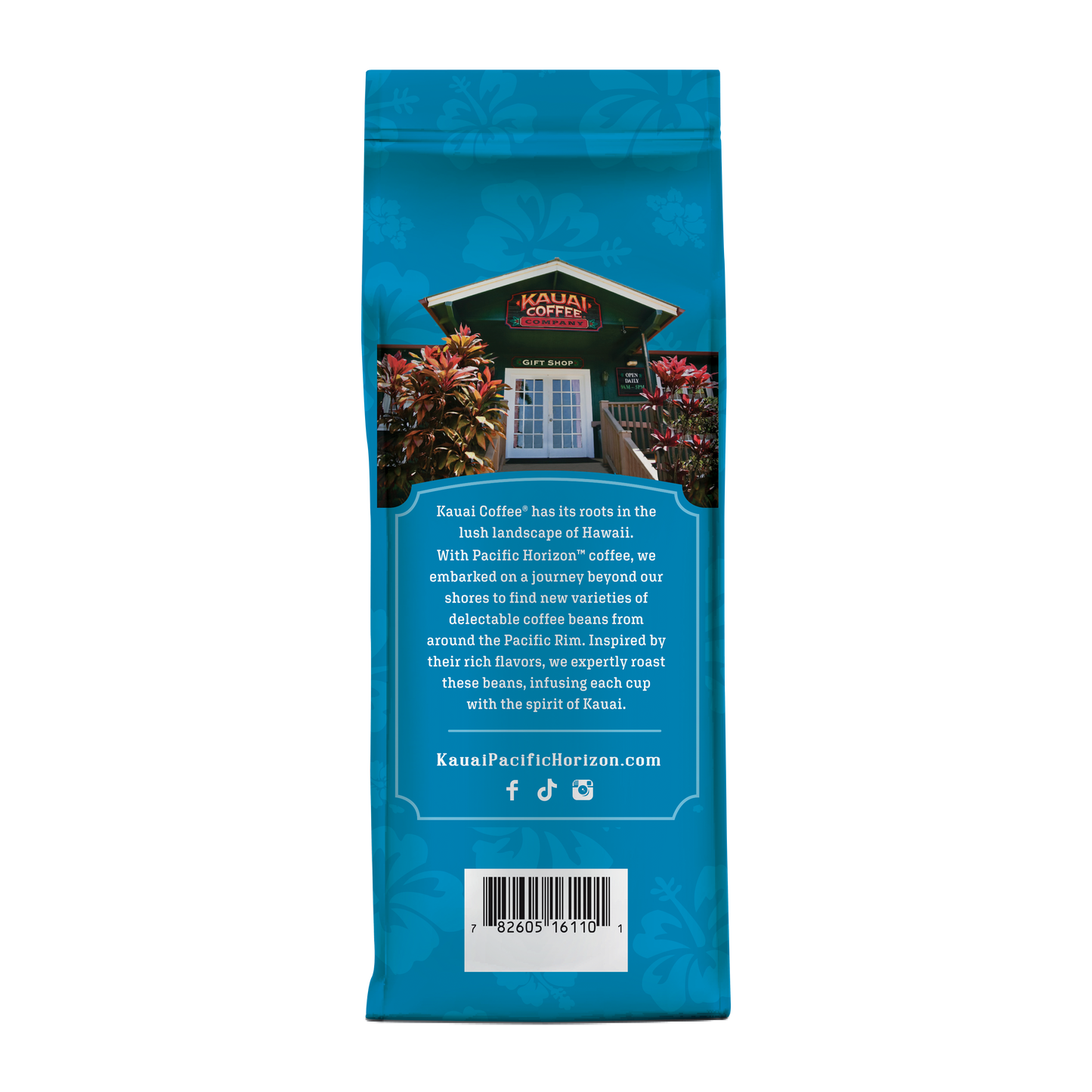 A blue bag of Kauai Coffee with a photo of a green building and lush foliage features Banana Crème Flavor Ground Coffee. It emphasizes premium Arabica origins in Kauai, delivering rich flavors infused with the spirit of Hawaiian-harvested coffee.