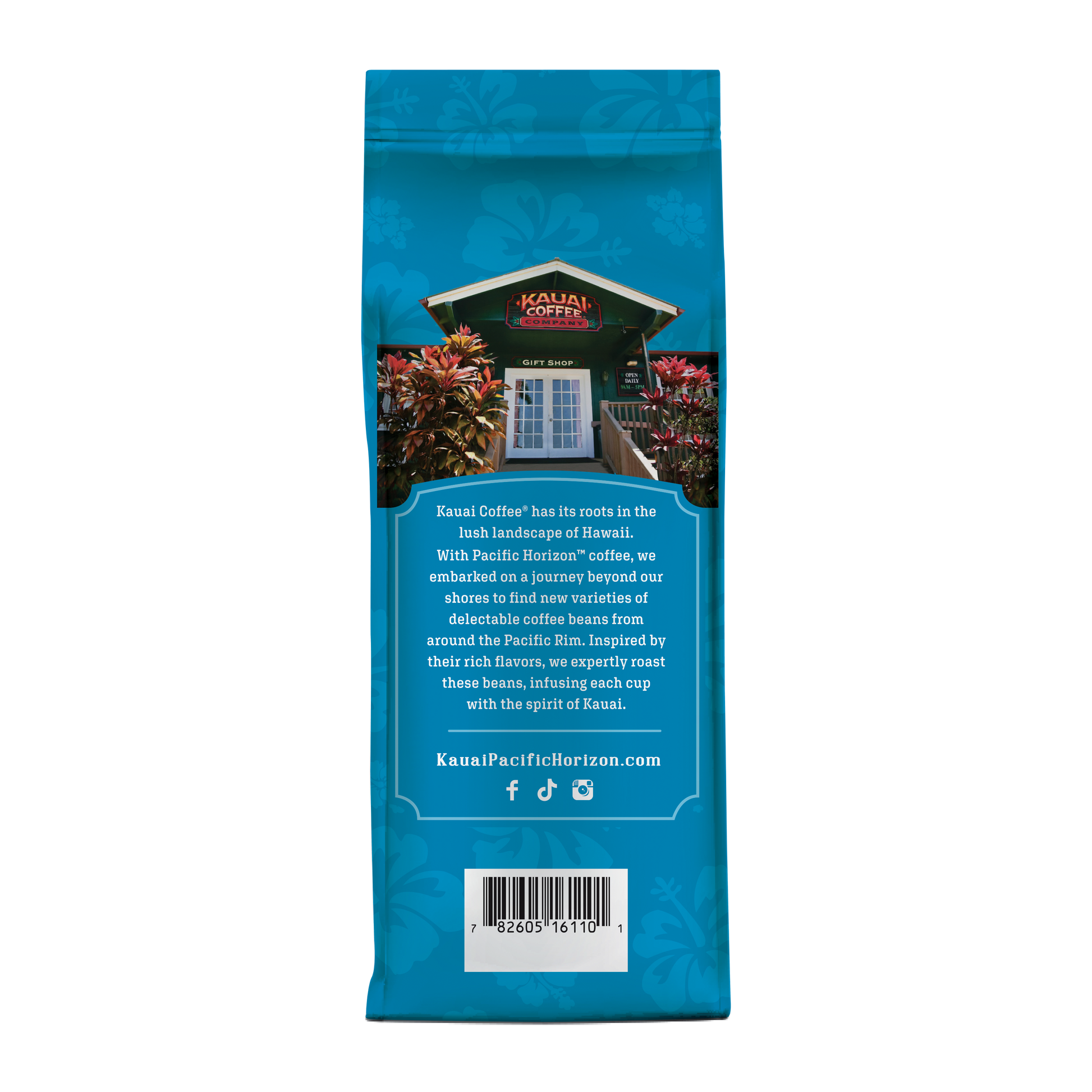 A blue bag of Kauai Coffee with a photo of a green building and lush foliage features Banana Crème Flavor Ground Coffee. It emphasizes premium Arabica origins in Kauai, delivering rich flavors infused with the spirit of Hawaiian-harvested coffee.