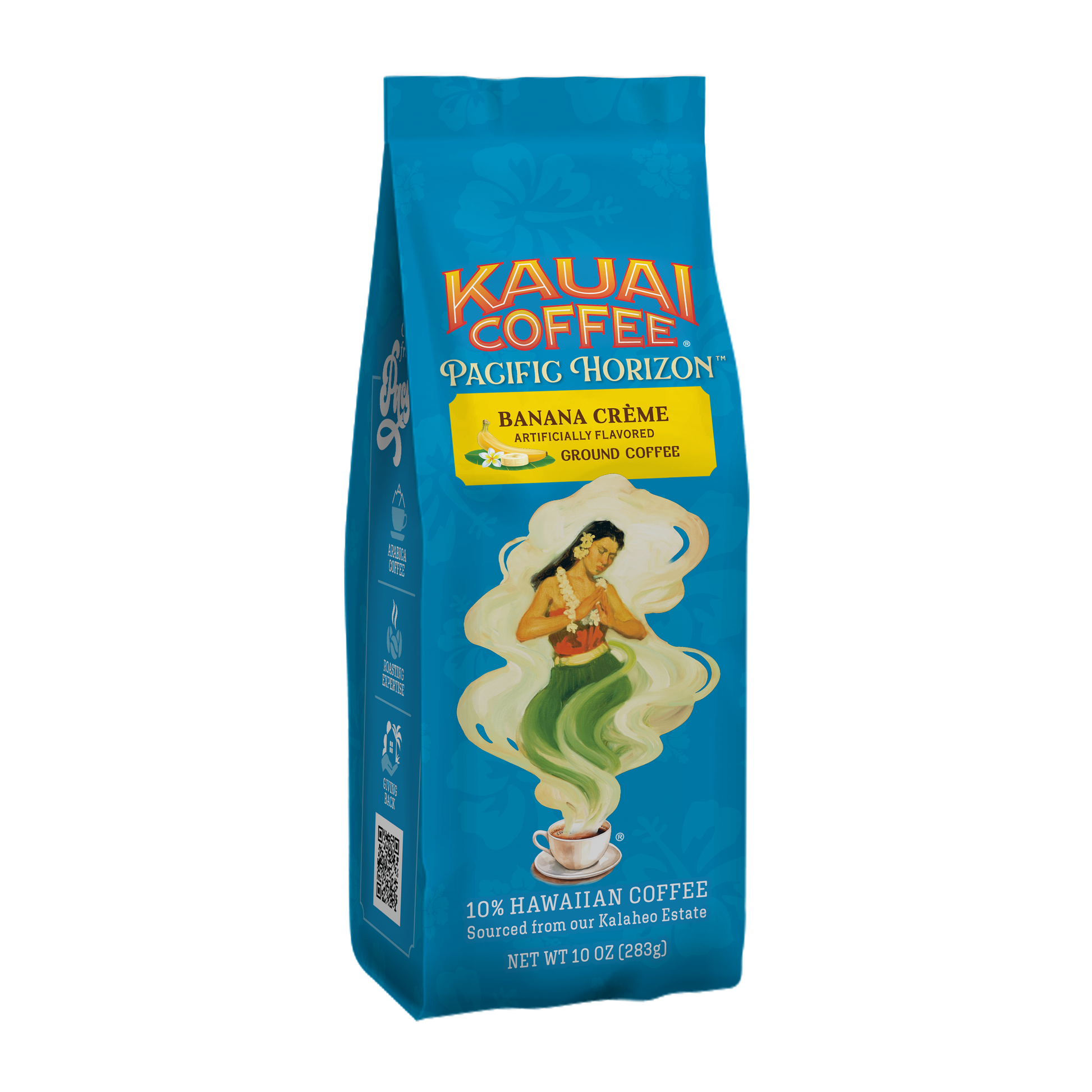 A blue bag of Kauai Coffees Banana Crème Flavor Ground Coffee features a traditional woman illustration with swirling green and white patterns. It highlights 10% Hawaiian harvested coffee and has a net weight of 10 oz (283g).