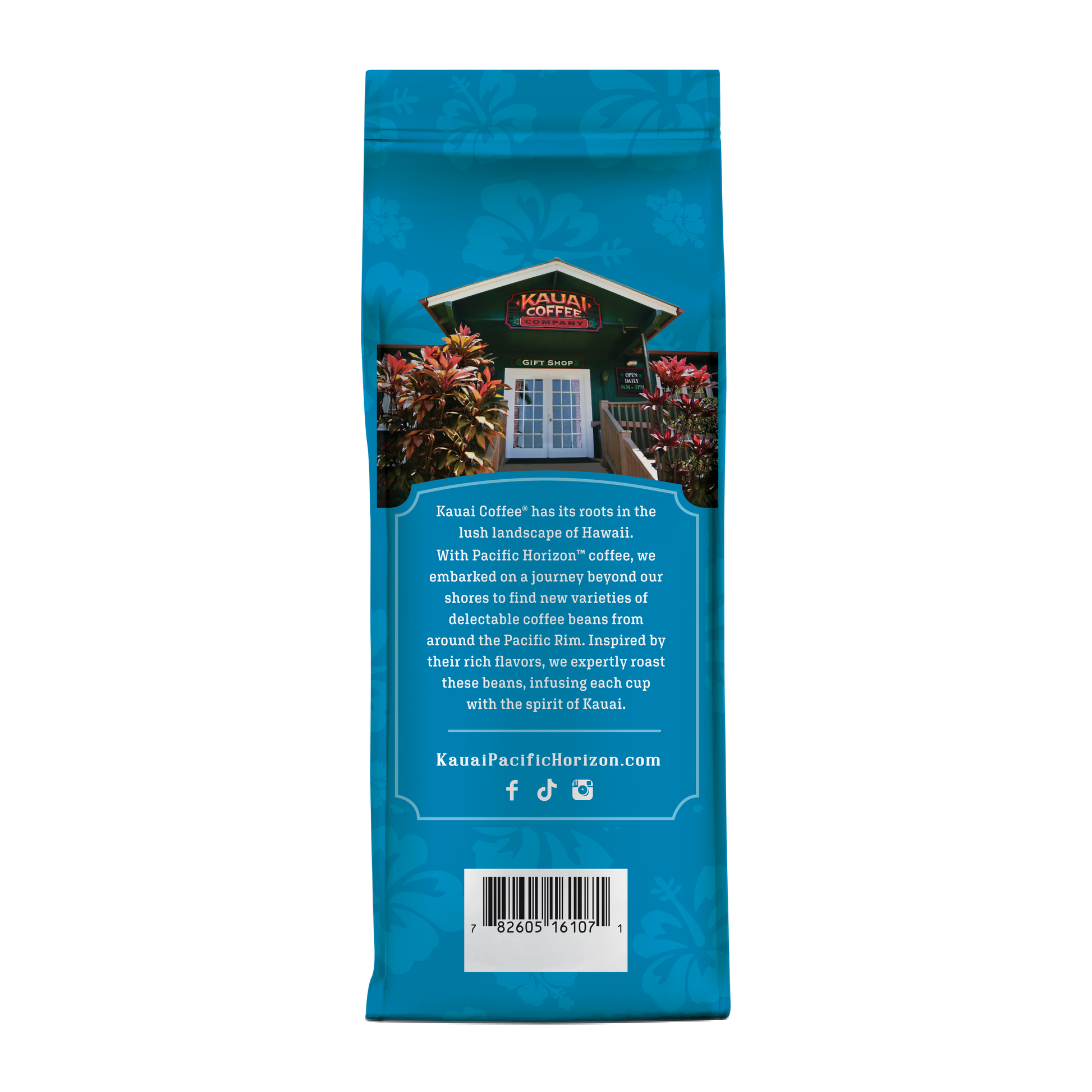 A blue bag of Kauai Coffees Dark Roast Ground Coffee, adorned with a small house and tropical plants, showcases its Hawaiian origins. The text highlights the brands commitment to exploring diverse Pacific flavors using premium Arabica beans.